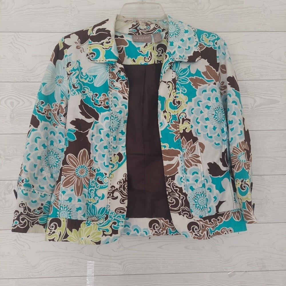 Kim Rogers Linen Jacket 6P lined open 3/4 sleeve colorful blue green